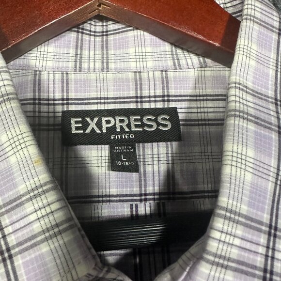 Express Shirt Mens Large Fitted Button Up Purple Stretch Plaid Roll Tab Sleeve - Picture 7 of 10